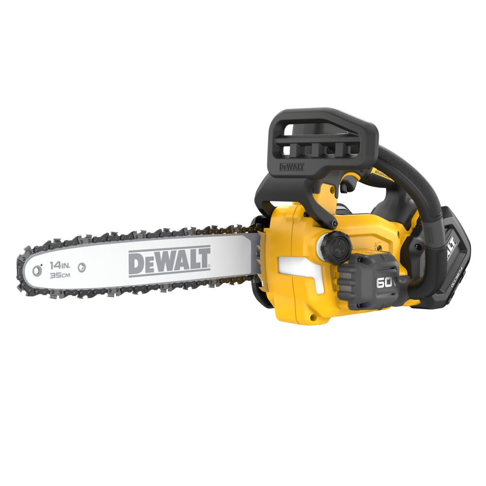DEWALT 60V MAX Brushless Cordless Top Handle Chainsaw viewed from the front right side on white background