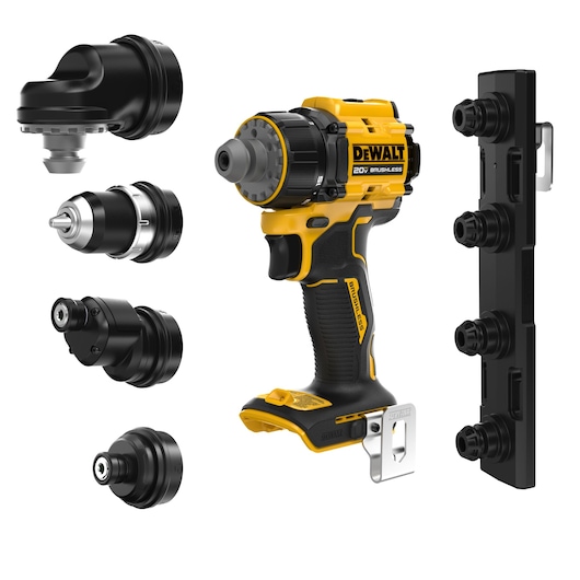 All elements of what is included with the ATOMIC™ 20V MAX* Multi-Head Drill/Driver on white