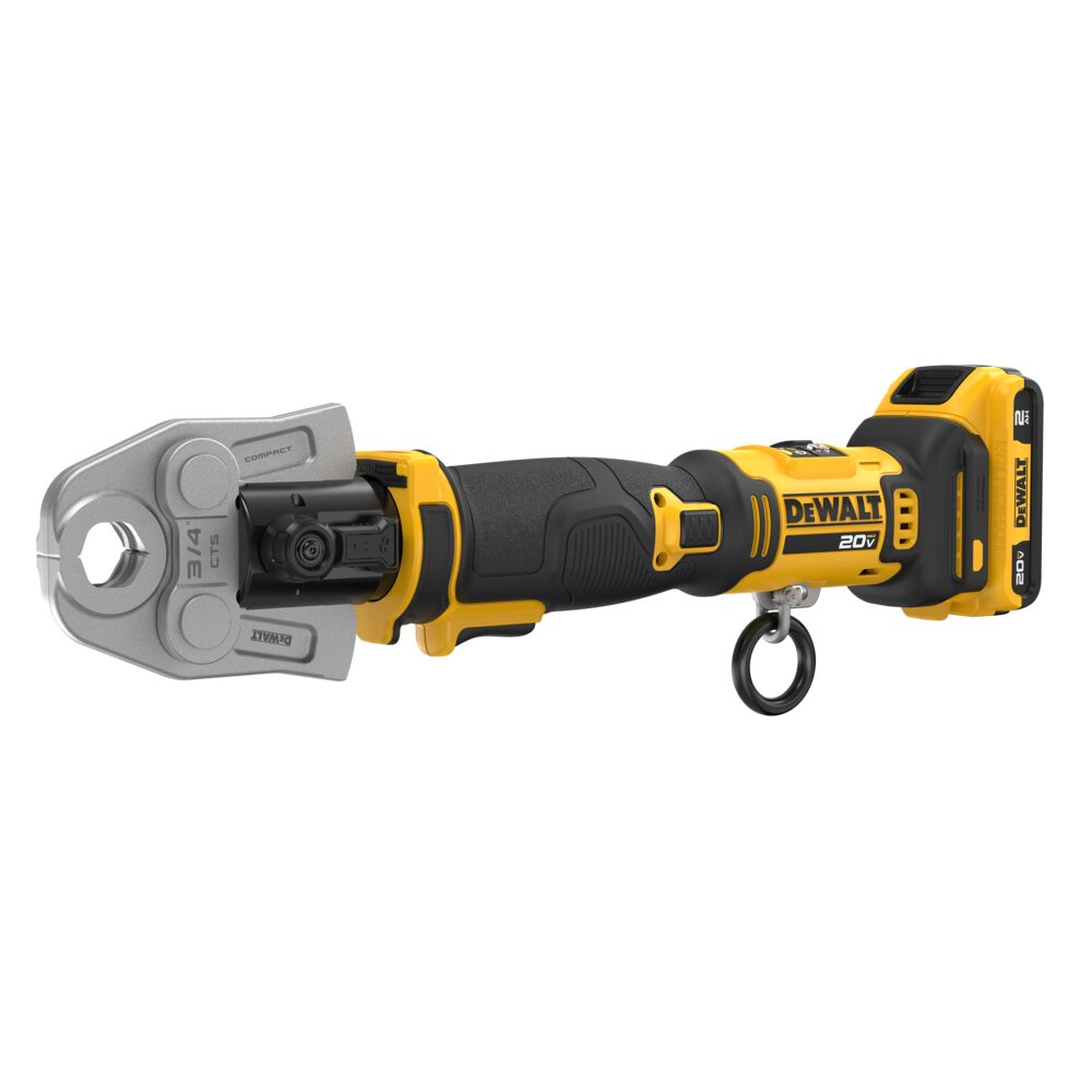 DEWALT Compact Inline Press Tool with 2 AH battery and 1/2" jaw viewed from front