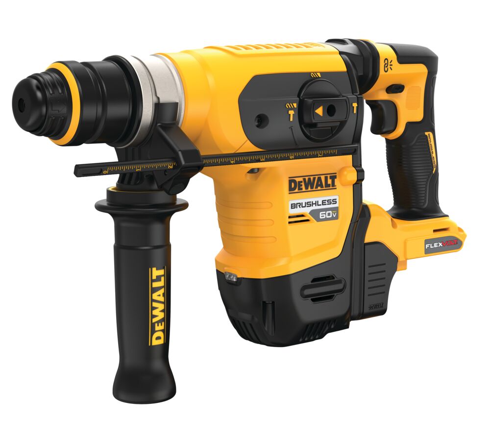 Profile of 60 volt 1 and quarter inch brushless cordless S D S plus rotary hammer tool.