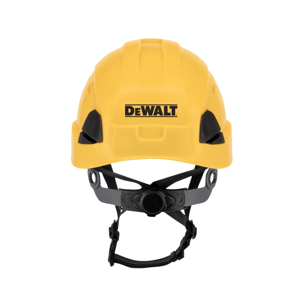 YELLOW DEWALT TYPE II CLASS E HELMET WITH BLACK RATCHET SUSPENSION AND LEATHER CHINSTRAP BACK VIEW