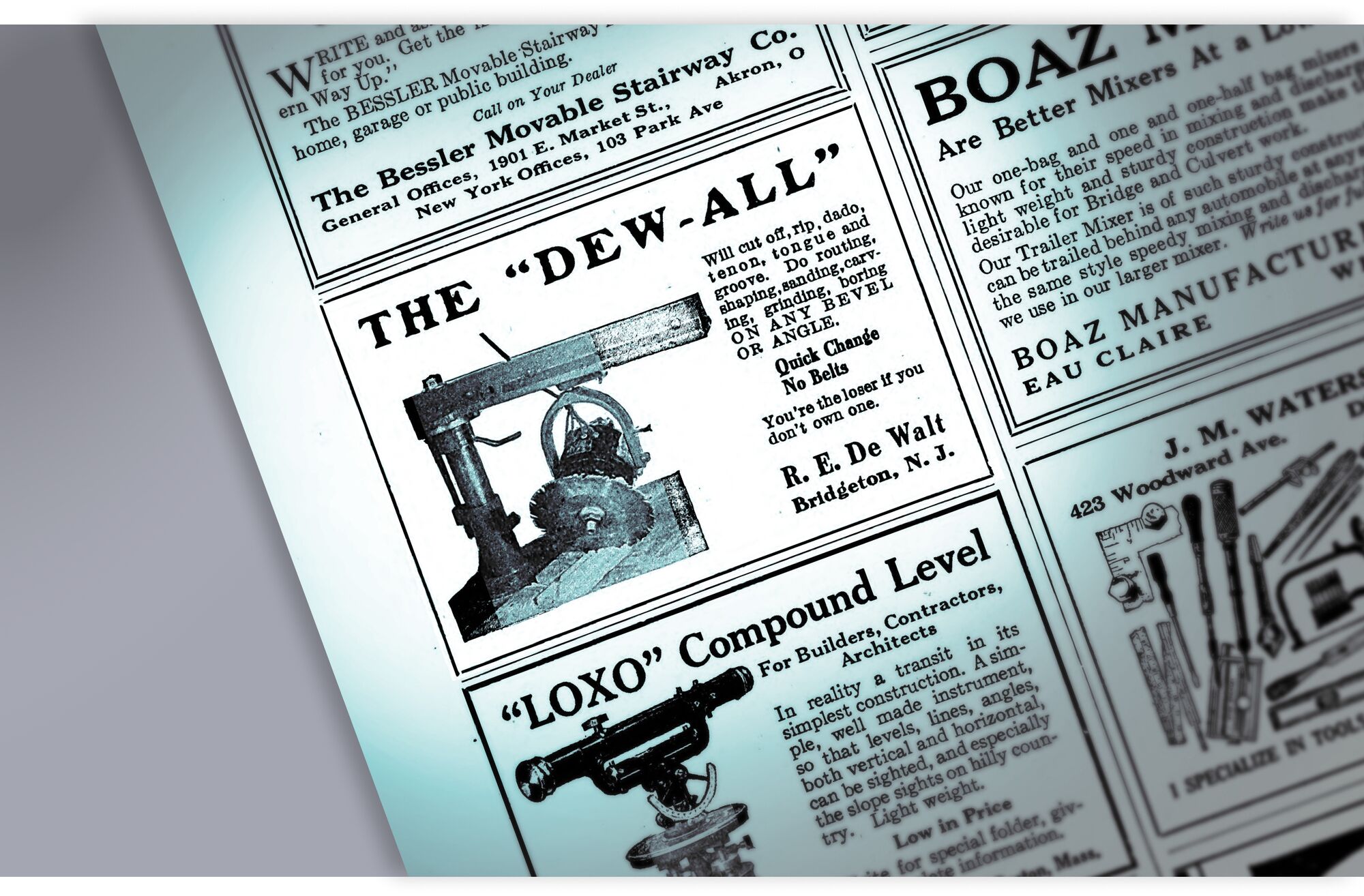 Image of original newspaper with the "DEW-ALL" by Raymond DeWalt