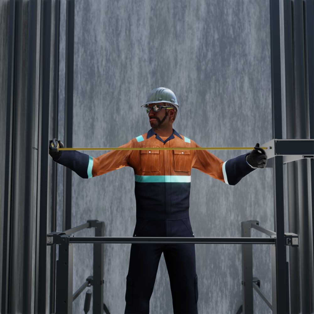 A contractor measuring an elevator shaft with a tape measure