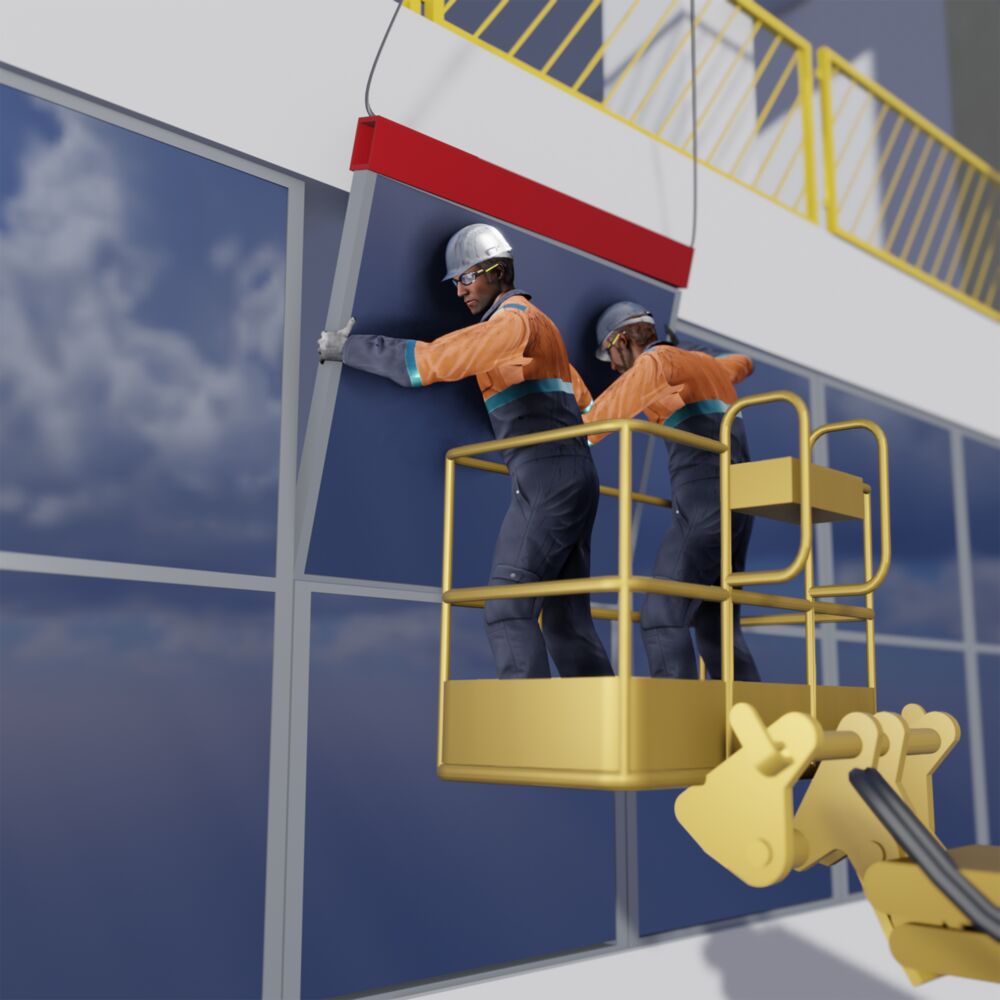 Two contractors installing a commercial window