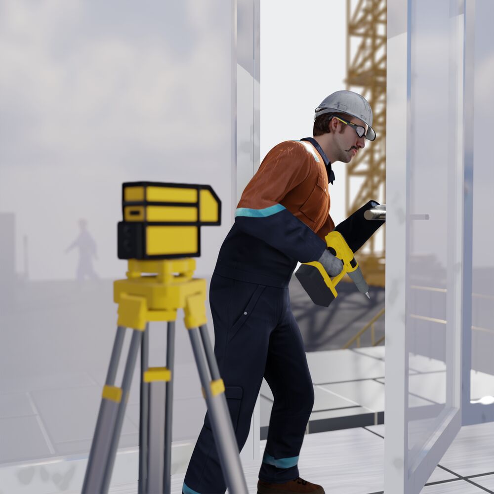 A contractor using a laser and drill to attach a window