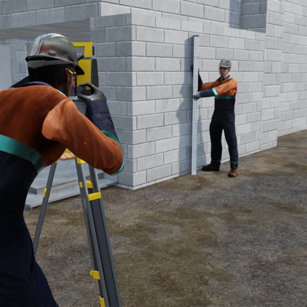 Two masons using a laser to measure distance
