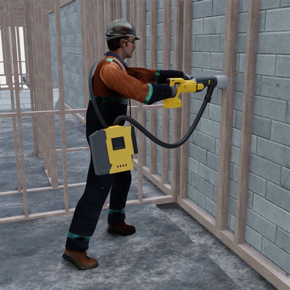 A mason drilling a hole through a wooden frame