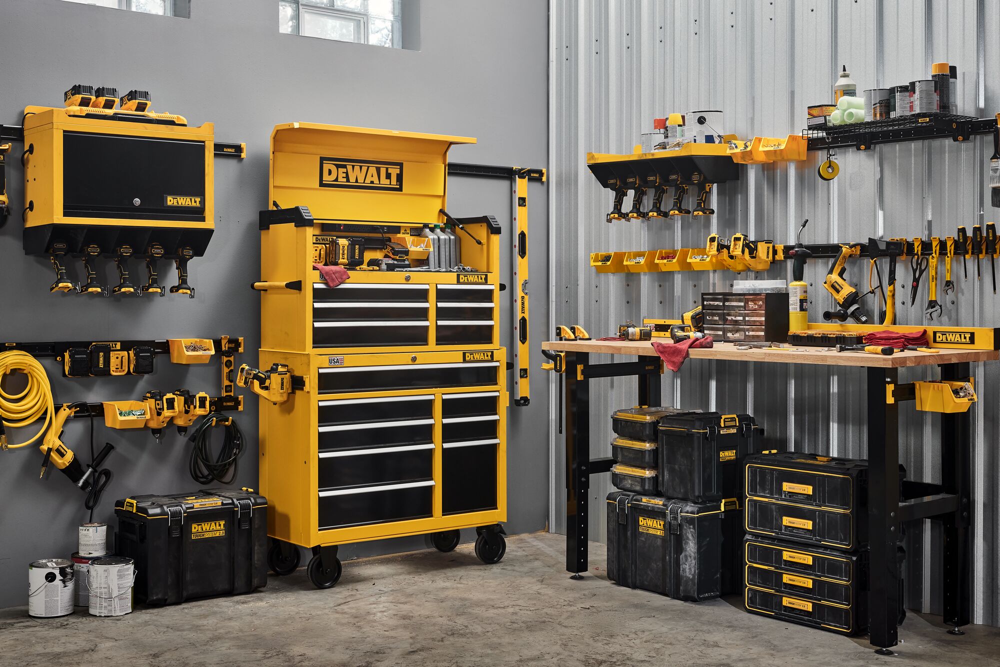 DEWALT Metal Chest and Cabinet Featuring Batteries, Lawn/Garden Kits, Portable Storage and Hand Tools.