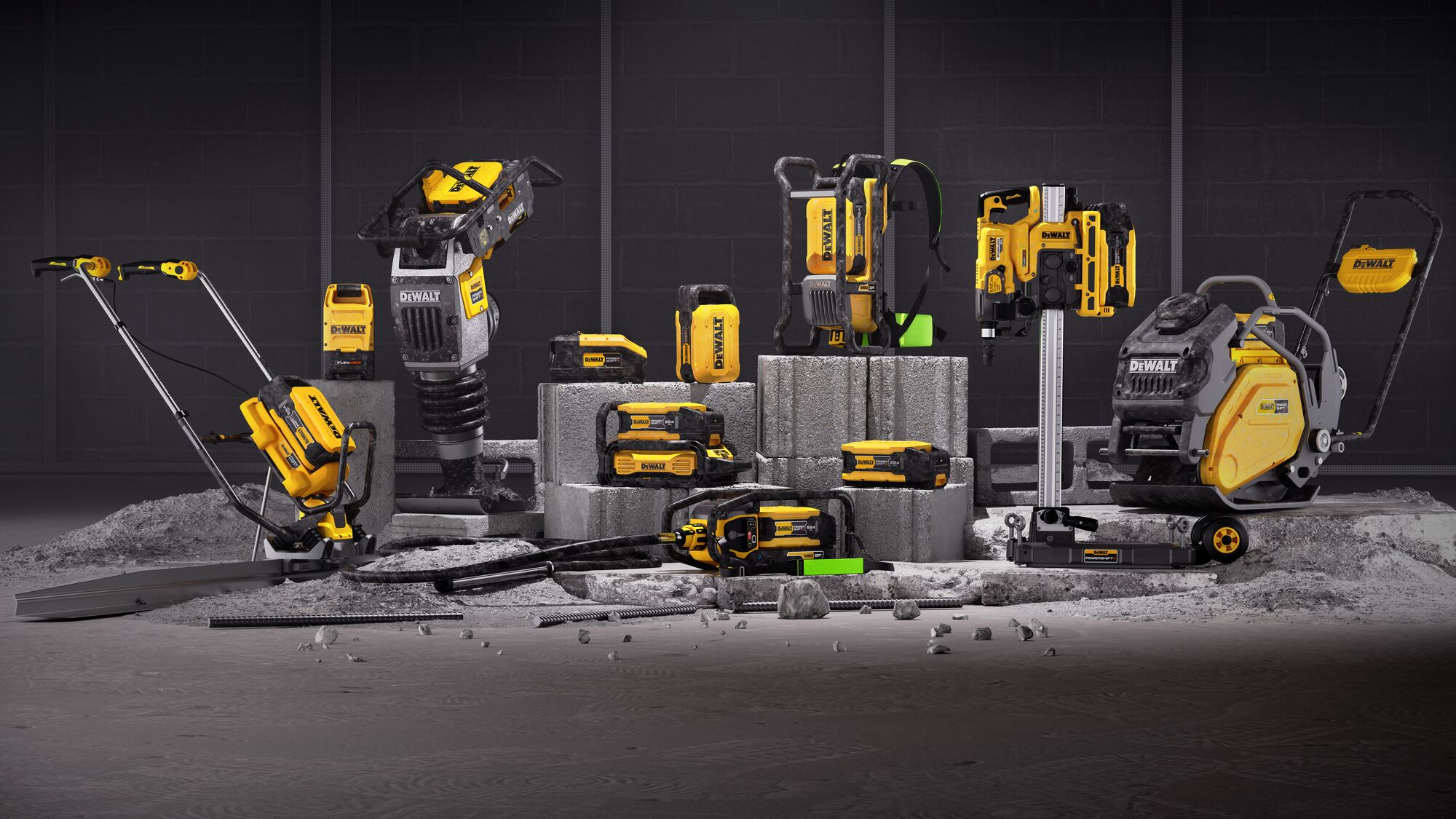 DEWALT POWERSHIFT tools in concrete work setting 