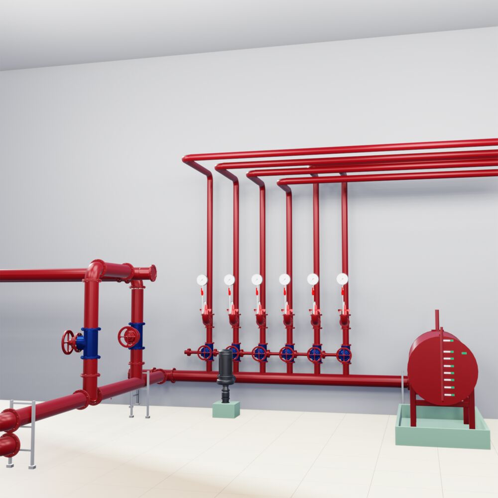 Red sprinkler pipes mounted to a concrete wall