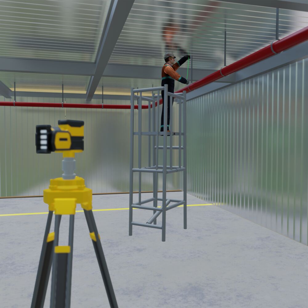 A worker on a scaffold using a laser to measure distance
