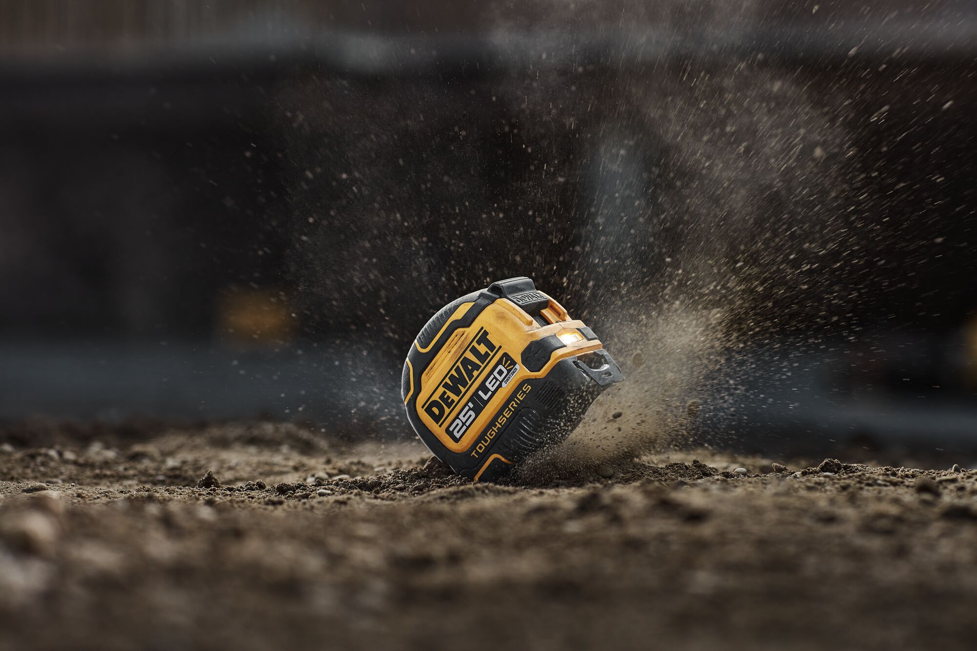 DEWALT LED TAPE SHOWN  ON DIRT WITH LIGHT ON