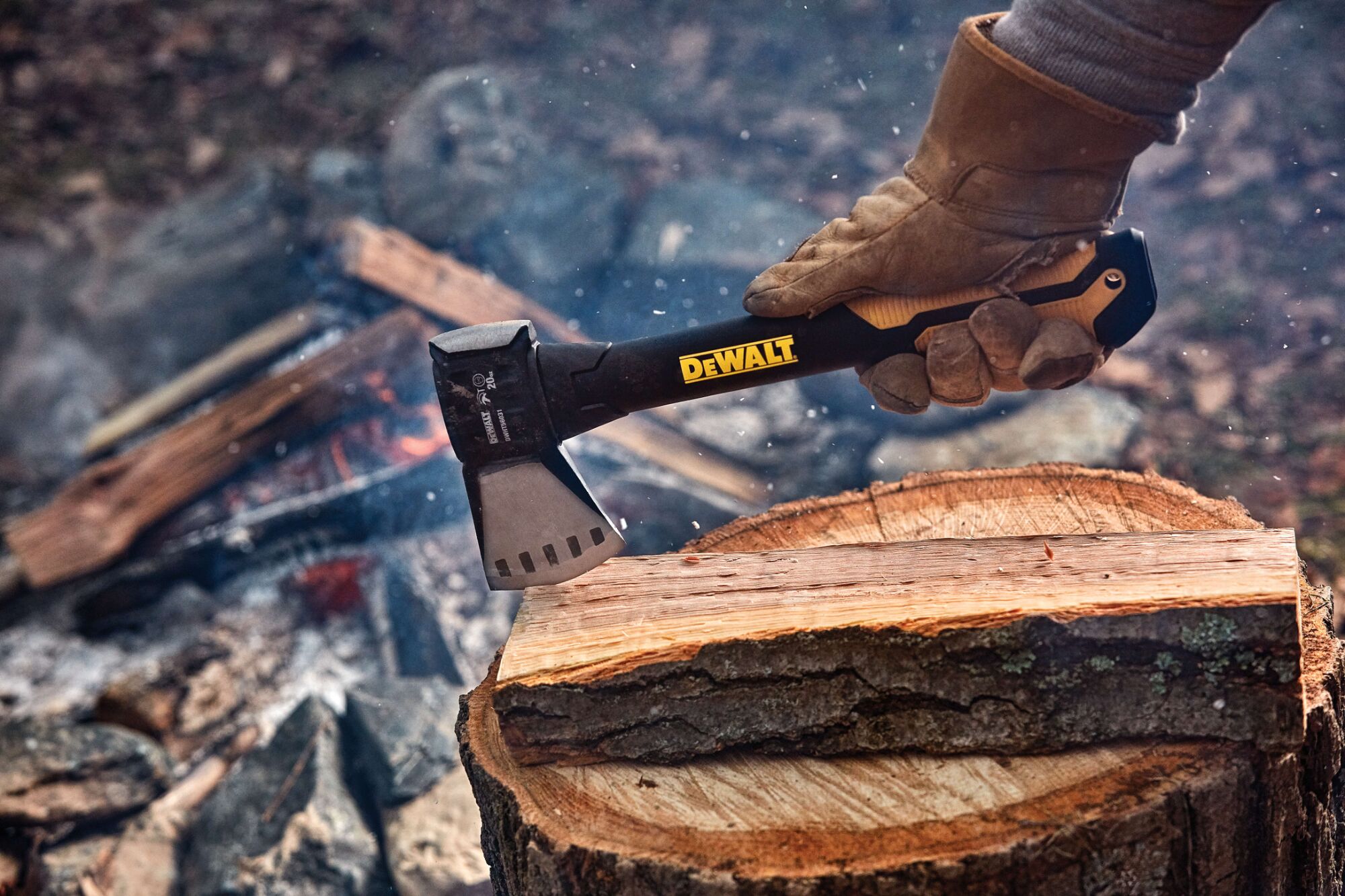 20 ounce EXOCORE Hatchet chopping wood log.