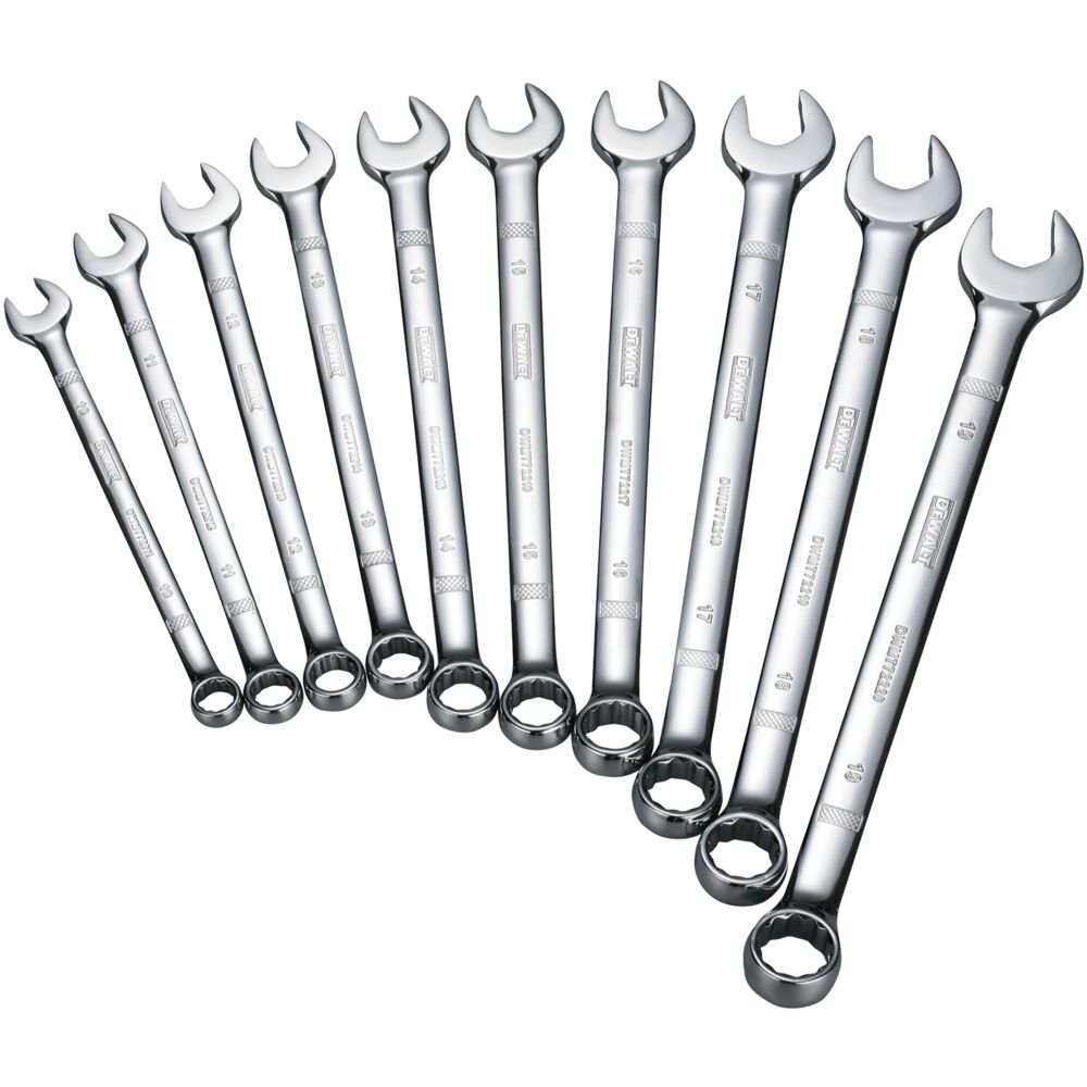 Profile of DEWALT 10 piece combination metric wrench set.