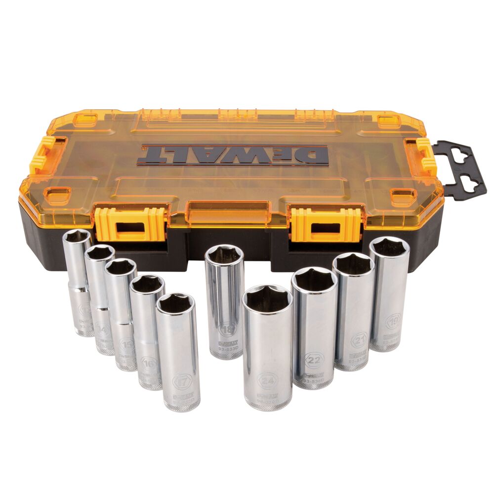 Profile of DEWALT 10 piece drive deep metric socket set with its case.