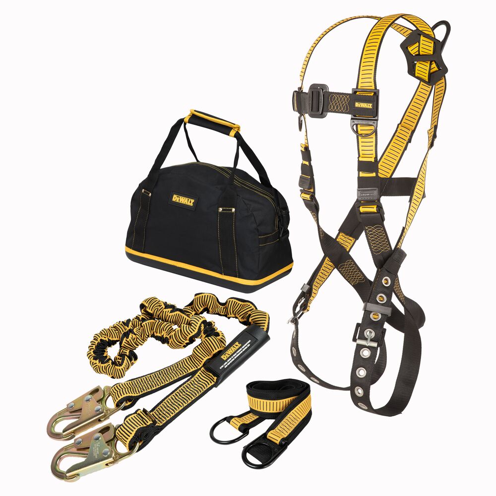 3/4 view of DEWALT Fall Protection Compliance Kit includes D1000 Harness with TB Legs, a 6 Ft Lanyard and a 3 Ft Web Anchor Strap, in a Carrying Bag