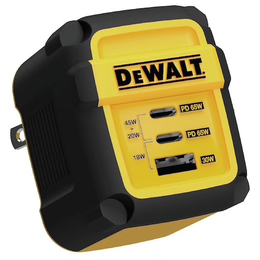 65W wall charger featuring two Type-C ports and one USB port, designed for versatile and fast charging.