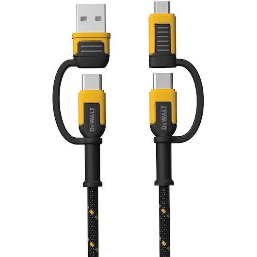 DEWALT charging cable with USB-A, USB-C, and micro-USB connectors, black and yellow design, braided for durability