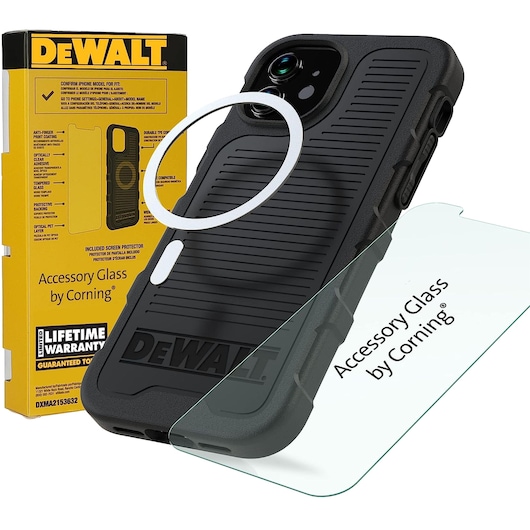 Hero shot of DEWALT iPhone Case and Screen Protector kit.
