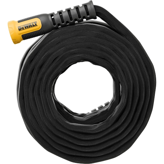 Side angle view of a black and yellow DEWALT Heavy-Duty Fabric Water Hose.