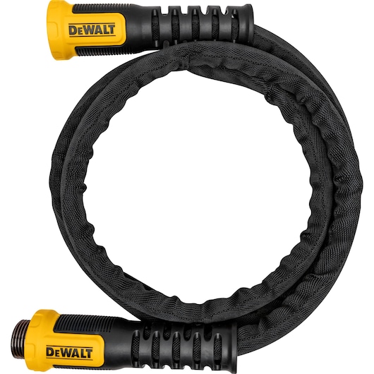 Side angle view of a black and yellow DEWALT Heavy-Duty Fabric Water Leader Hose.