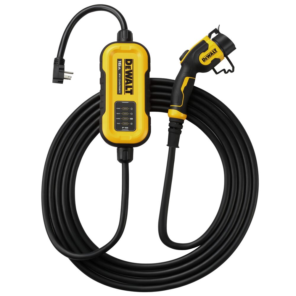 16 AMP PORTABLE ELECTRIC VEHICLE CHARGER WITH 25 FOOT CABLE WRAPPED AROUND UNIT MAIN VIEW