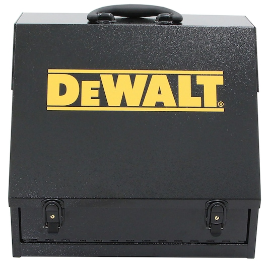 Front view of DeWalt 15" x 10" Portable Toolbox (Steel, Black) with closed lid