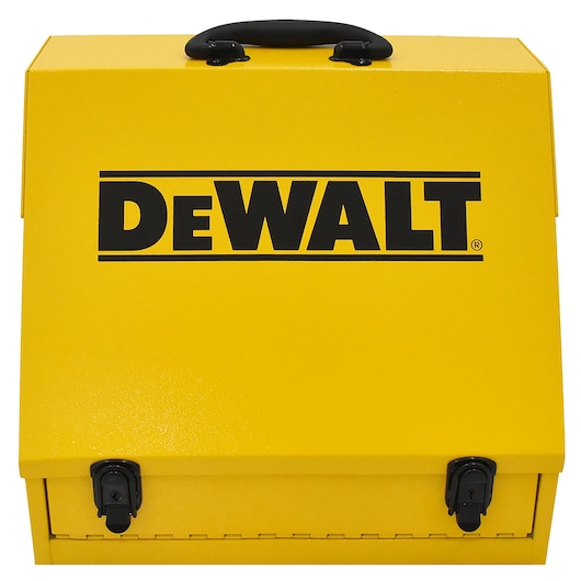 Front view of DeWalt 15" x 10" Portable Toolbox (Steel, Yellow) with closed lid
