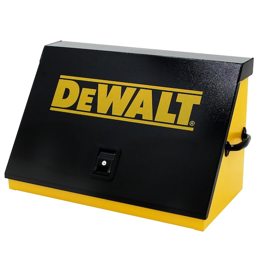Left angle view of DeWalt 30" x 15" Triangle Toolbox (Steel, Yellow/Black) with closed lid