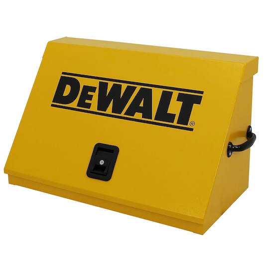 Left angle view of DeWalt 30" x 15" Triangle Toolbox (Steel, Yellow) with closed lid