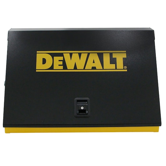 Front view of DeWalt 36" x 17" Triangle Toolbox (Steel, Yellow/Black) with closed lid