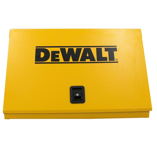 Front view of DeWalt 36" x 17" Triangle Toolbox (Steel, Yellow) with closed lid