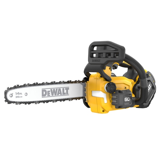 DEWALT 60V MAX Brushless Cordless Top Handle Chainsaw Kit with FLEXVOLT battery viewed from the front right side on white background