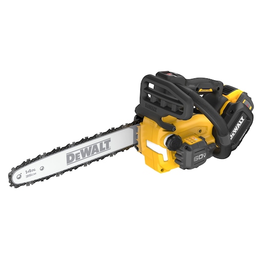DEWALT 60V MAX Brushless Cordless Top Handle Chainsaw Kit with FLEXVOLT battery viewed from top right angle on white background