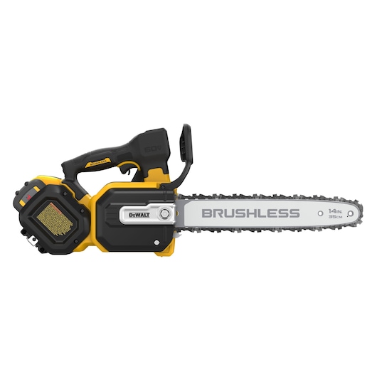 DEWALT 60V MAX Brushless Cordless Top Handle Chainsaw Kit with FLEXVOLT battery viewed straight on showing the back of the tool on white background
