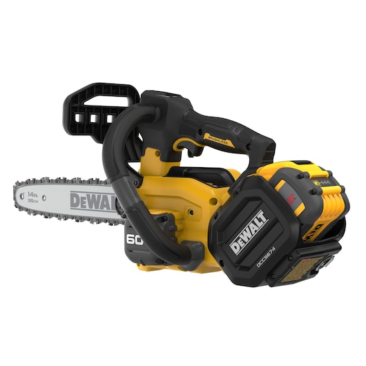 DEWALT 60V MAX Brushless Cordless Top Handle Chainsaw Kit with FLEXVOLT battery viewed from the left side on white background