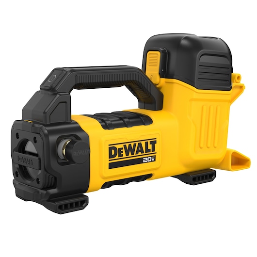 DEWALT Transfer Pump with battery viewed from front left side.