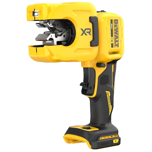 DEWALT 20V MAX* XR® 1-1/4" Copper Tubing Cutter in right angle position viewed from front left on white background. 