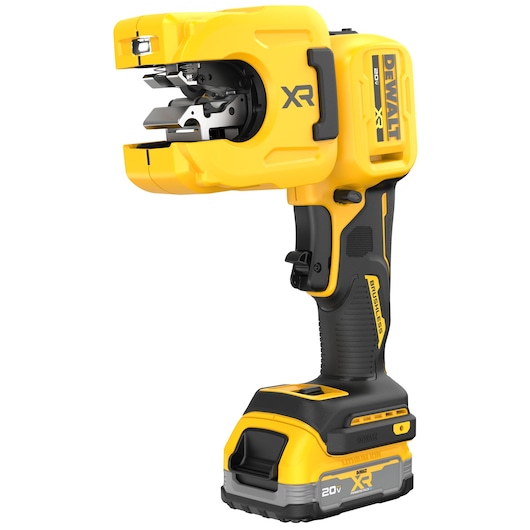 DEWALT 20V MAX* XR® 1-1/4" Copper Tubing Cutter with Powerstack Battery in right angle position viewed from front left on white background. 