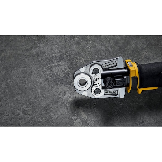 DEWALT Compact Inline Press Tool close up showing the rotated head