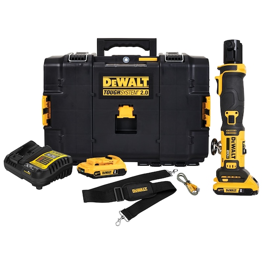 DEWALT Compact Inline Press Tool with Tough System Box with batteries, strap, cord, and charger.