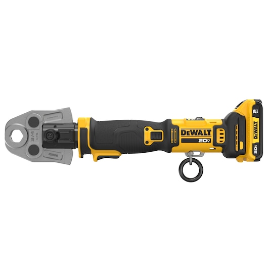 DEWALT Compact Inline Press Tool with 2 AH battery and 1/2" jaw viewed from 3/4 angle