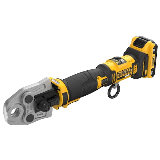 DEWALT Compact Inline Press Tool with 2 AH battery and 3/4 inch jaw viewed from top