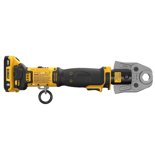 DEWALT Compact Inline Press Tool with 2 AH battery and 3/4 inch jaw viewed from back