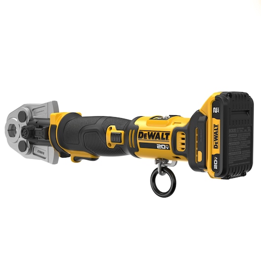 DEWALT Compact Inline Press Tool with 2 AH battery and 3/4 inch jaw viewed from 3/4 angle showing the front of the tool
