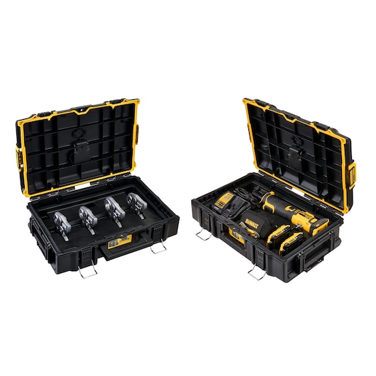 DEWALT Compact Inline Press Tool inside Tough System Box with batteries, strap, cord, and charger. Next to it is a seconf box with jaws.