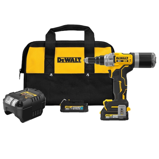 DEWALT 20V MAX XR(®) 1/4 Rivet Tool Kit with (2) DEWALT POWERSTACK(™) Compact Oil-Resistant Batteries