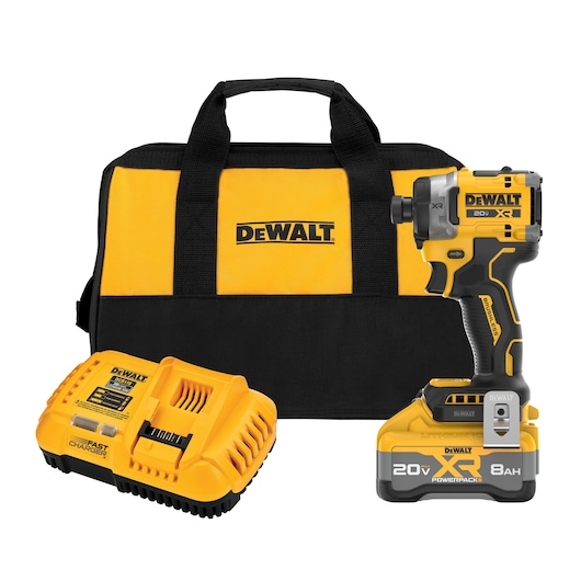 DEWALT 20V MAX  XR(®) 3-Speed High Torque 1/4 in. Impact Driver back side angle view with DCBP2108 Battery