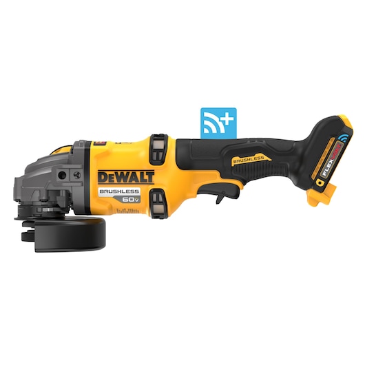 DEWALT 4-1/2" - 6" Side Handle Detect Small Angle Grinder on white background with Tool Connect Plus logo. 