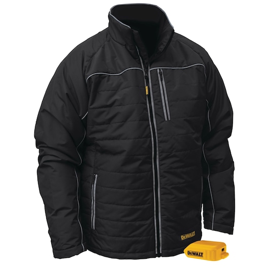 Profile of black quilted heated jacket